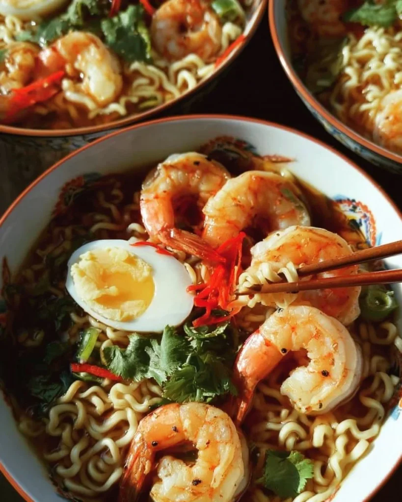Delicious shrimp ramen bowls garnished with fresh herbs and vegetables.