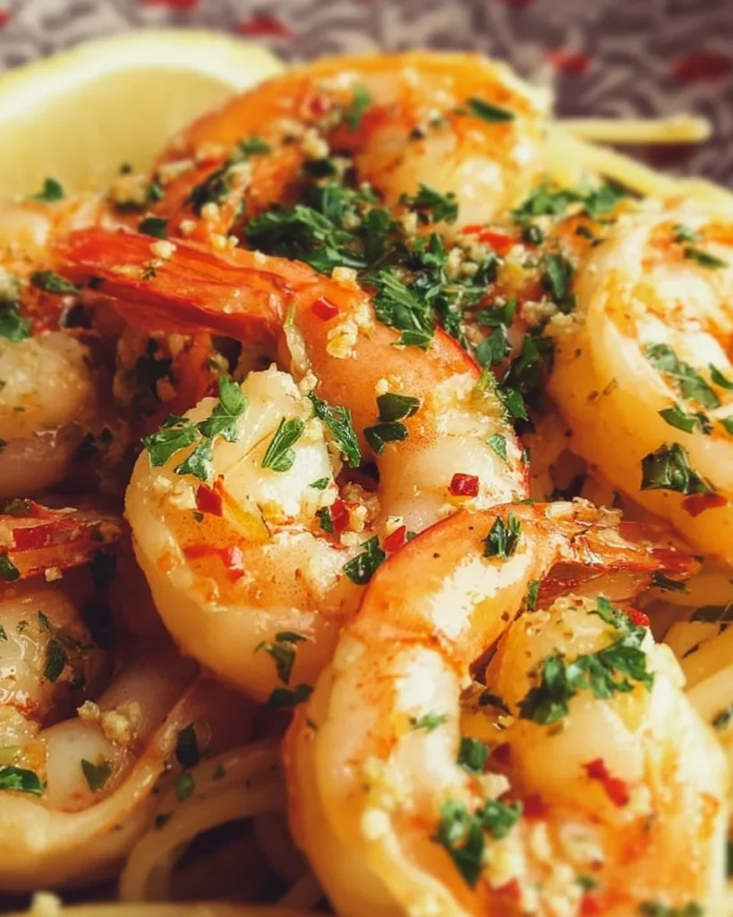 Delicious shrimp scampi served with garlic and lemon over pasta