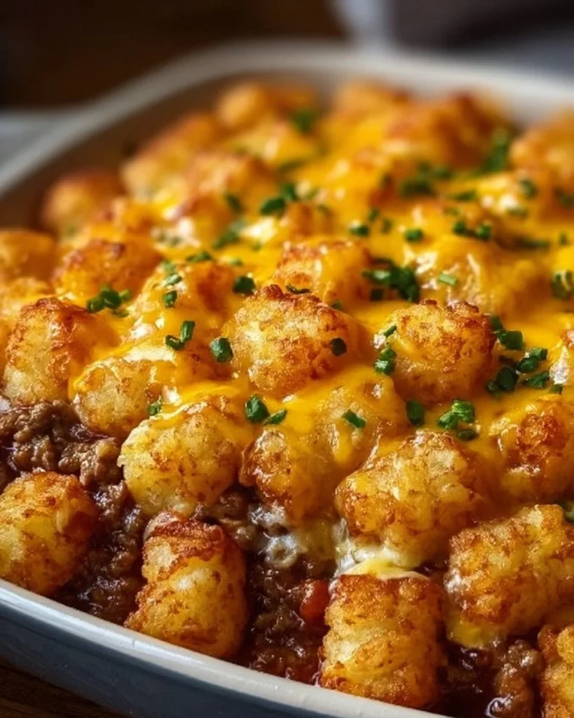 Baked tater tot casserole served in a dish, garnished and ready to eat.