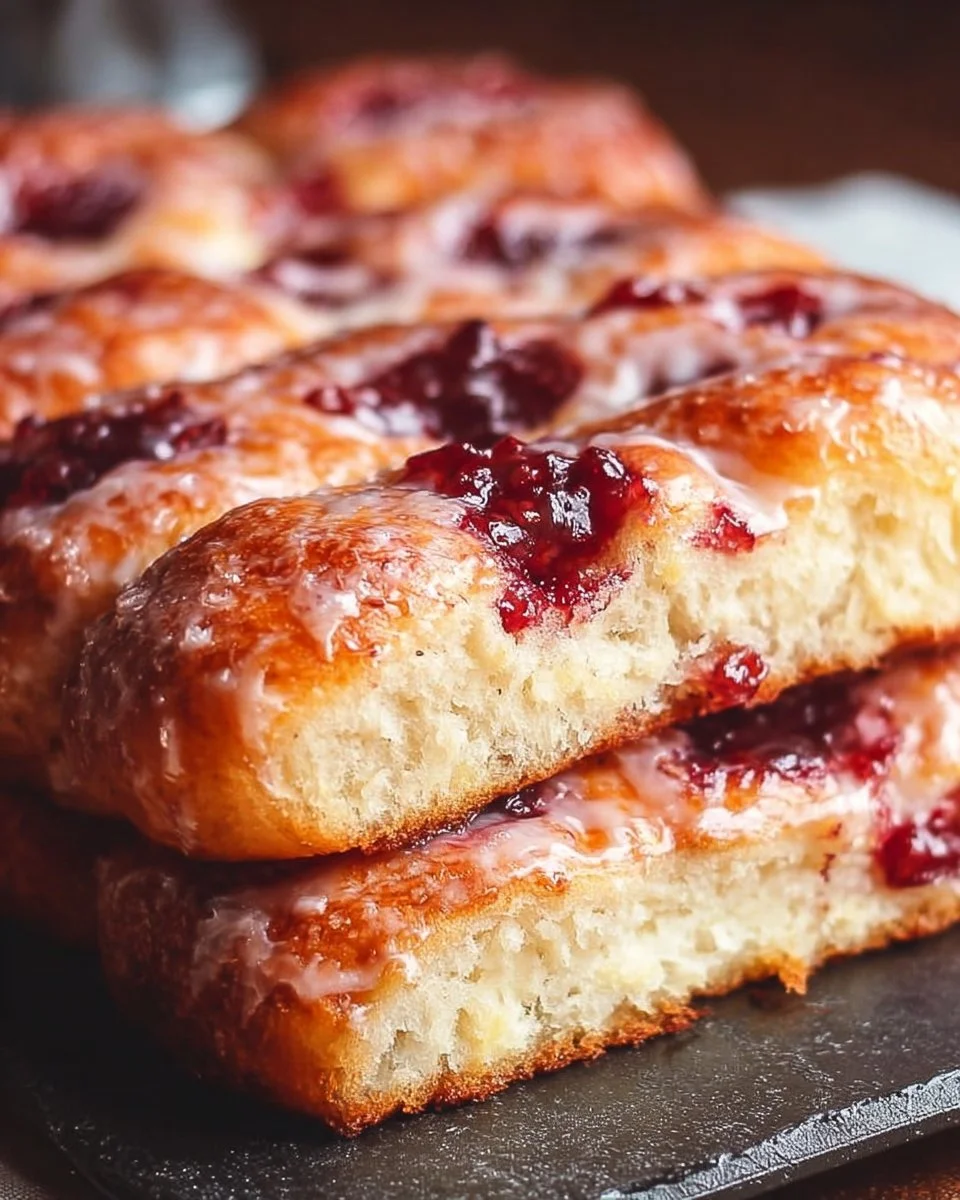 Delicious homemade jam donut focaccia topped with sugar and jam.