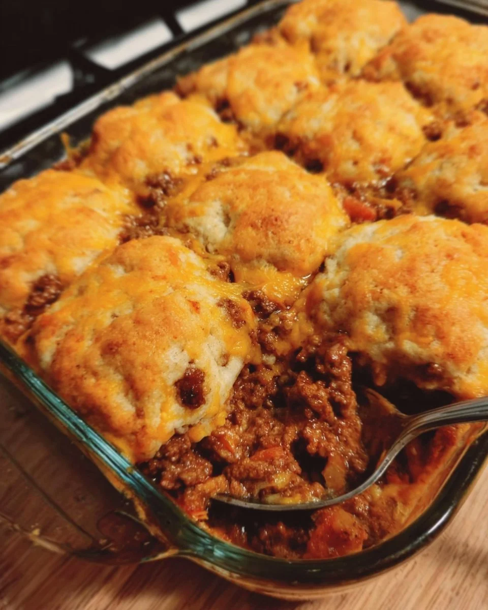 Sloppy Joe Biscuit Casserole served in a baking dish topped with cheese