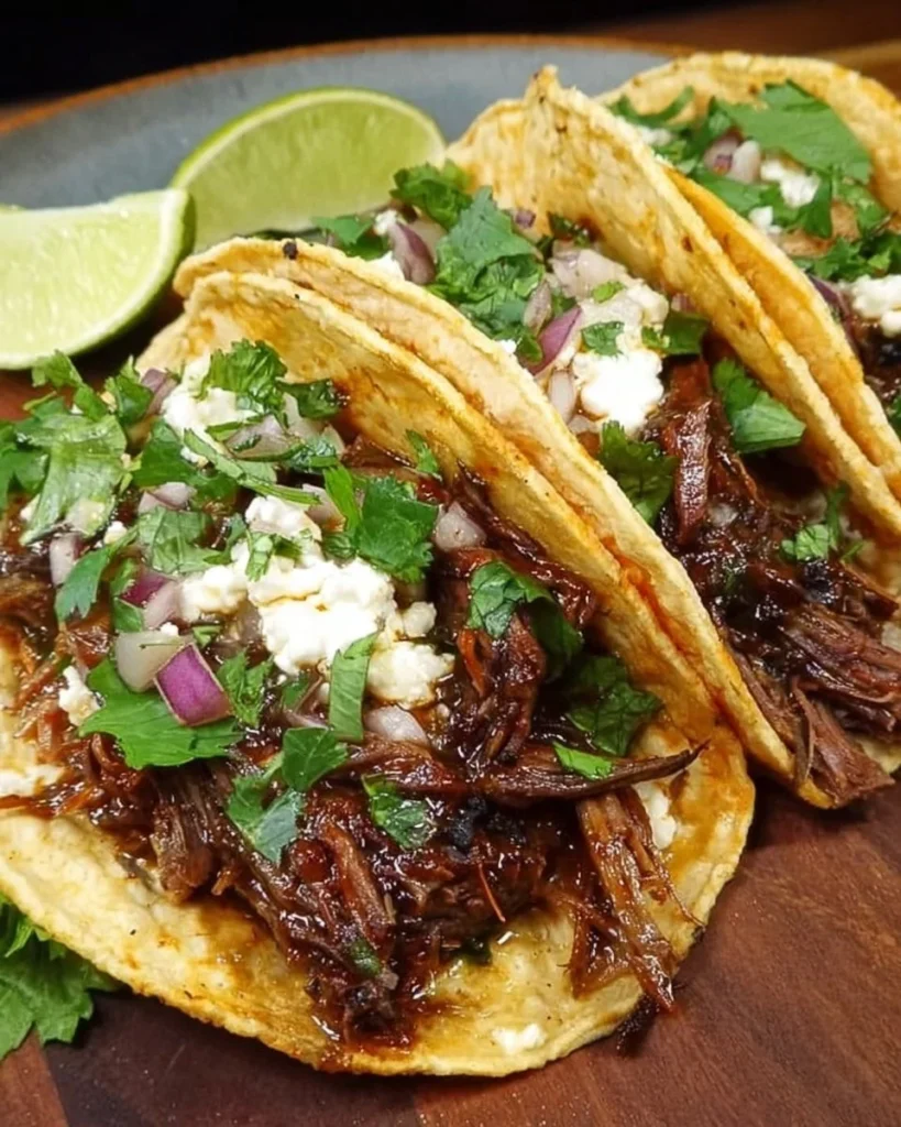 Delicious slow cooker short rib tacos garnished with fresh toppings