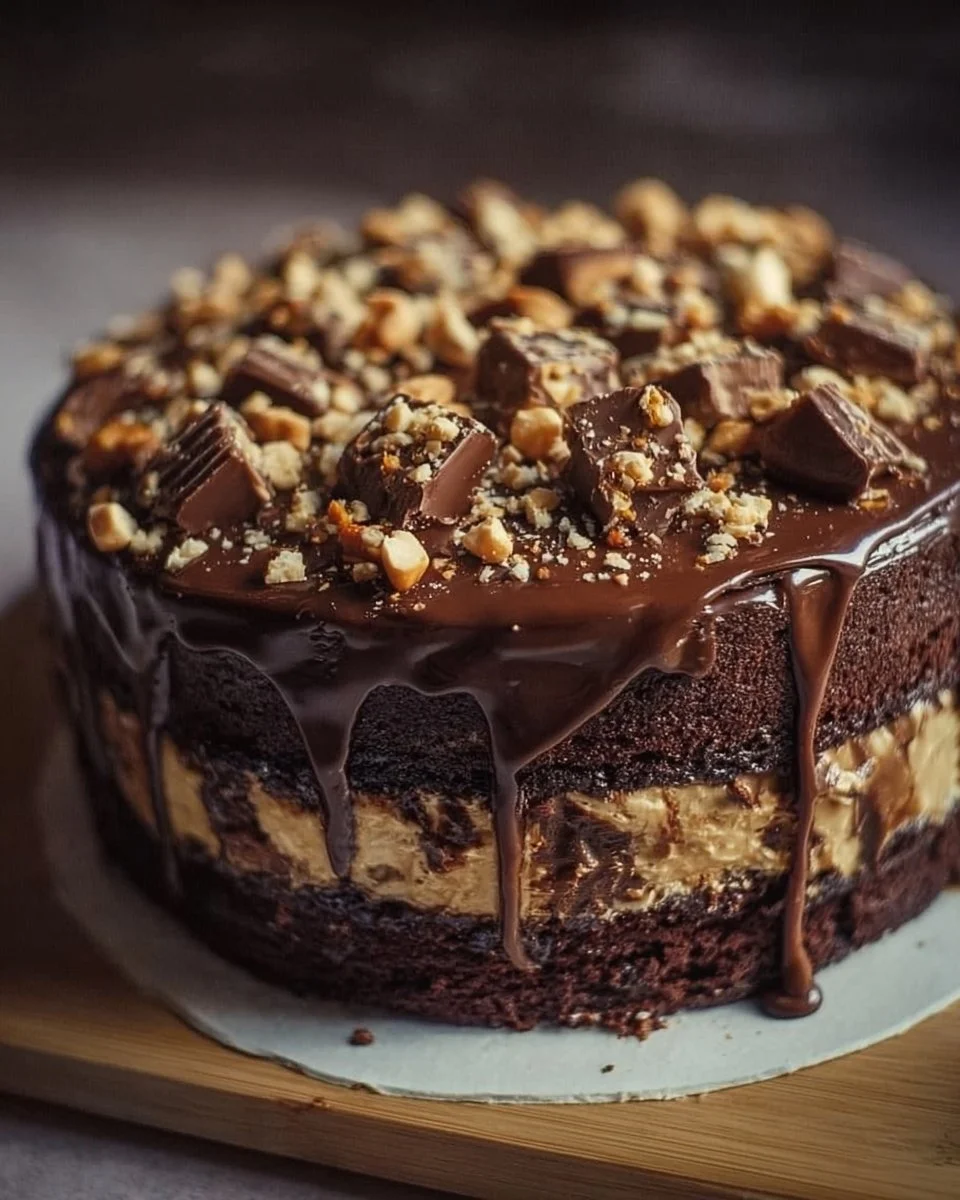 Decadent Snickers Cake topped with chocolate, caramel, and peanuts