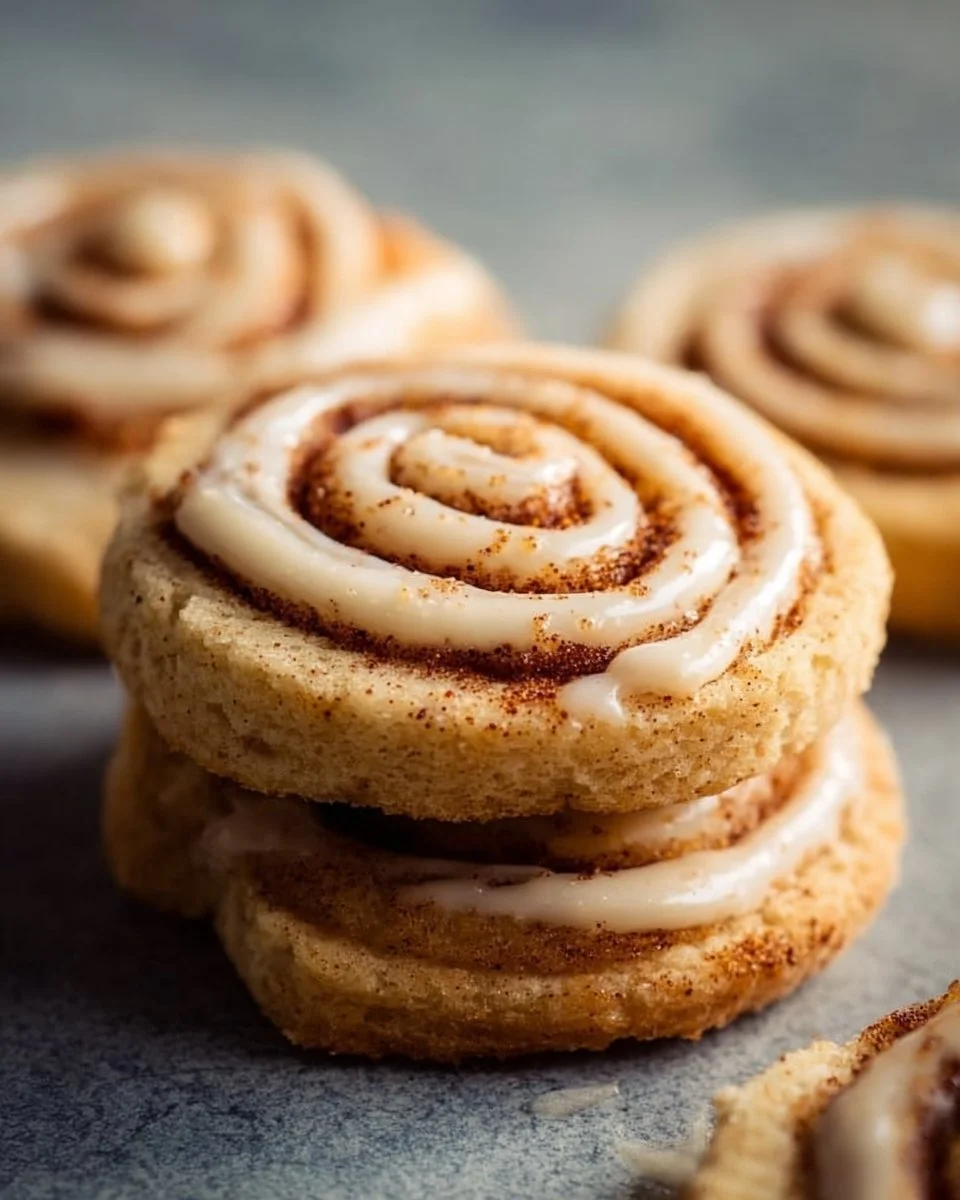 Soft and chewy cinnamon roll cookies topped with icing and cinnamon