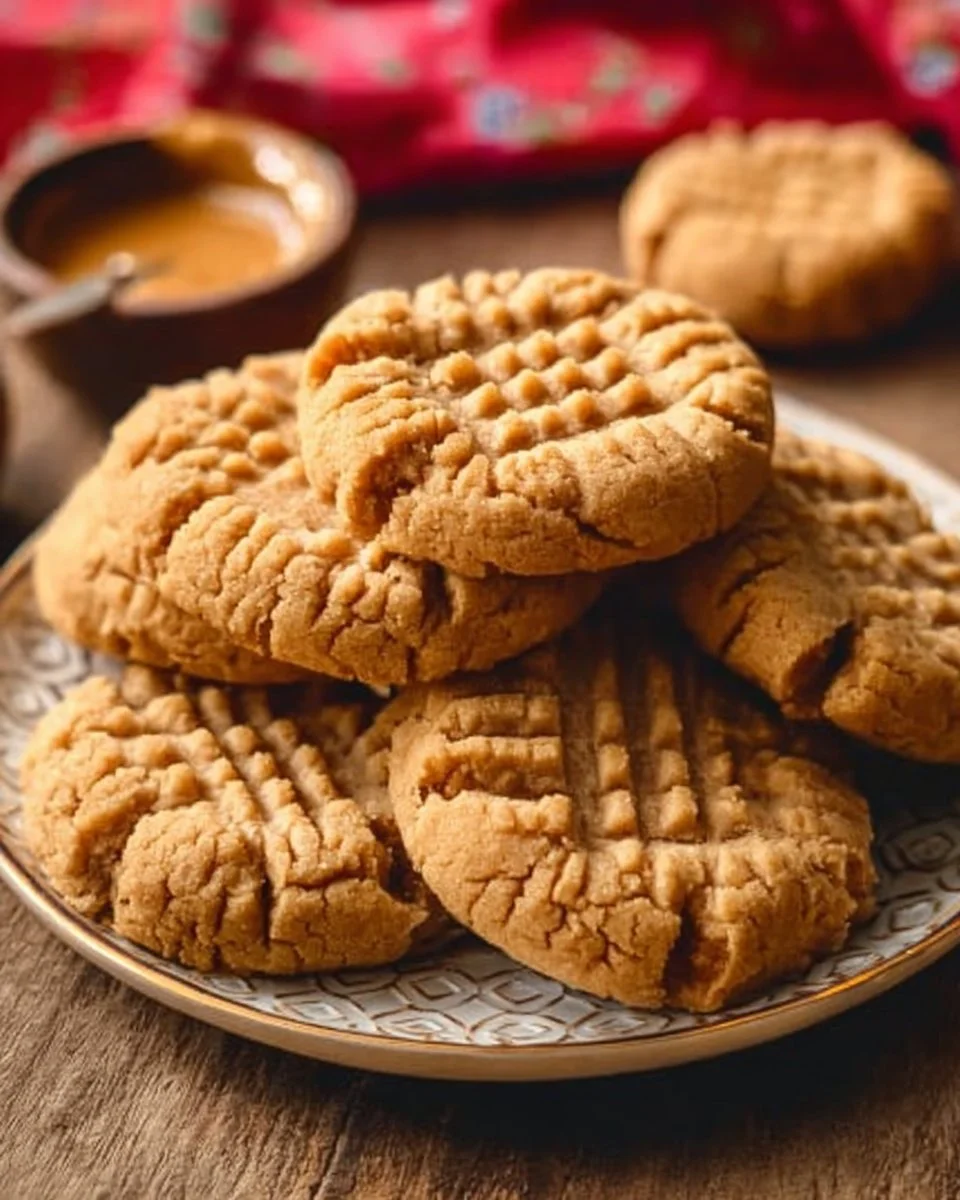 Baking soft and thick peanut butter cookies on a wooden table