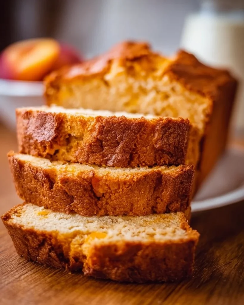 Loaf of Southern Peach Bread with fresh peaches and a golden crust