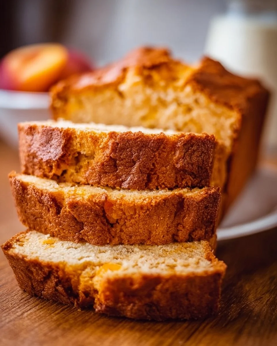 Loaf of Southern Peach Bread with fresh peaches and a golden crust