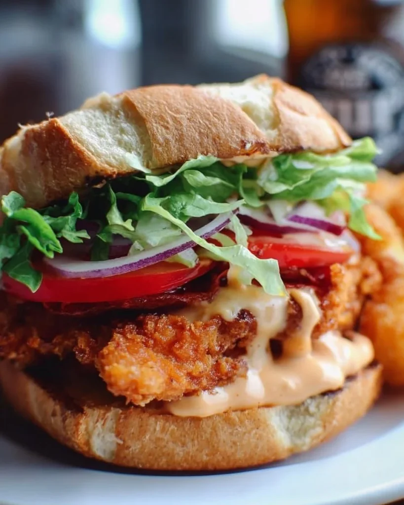 Spicy homemade fried chicken sandwich with sriracha mayo on a rustic plate