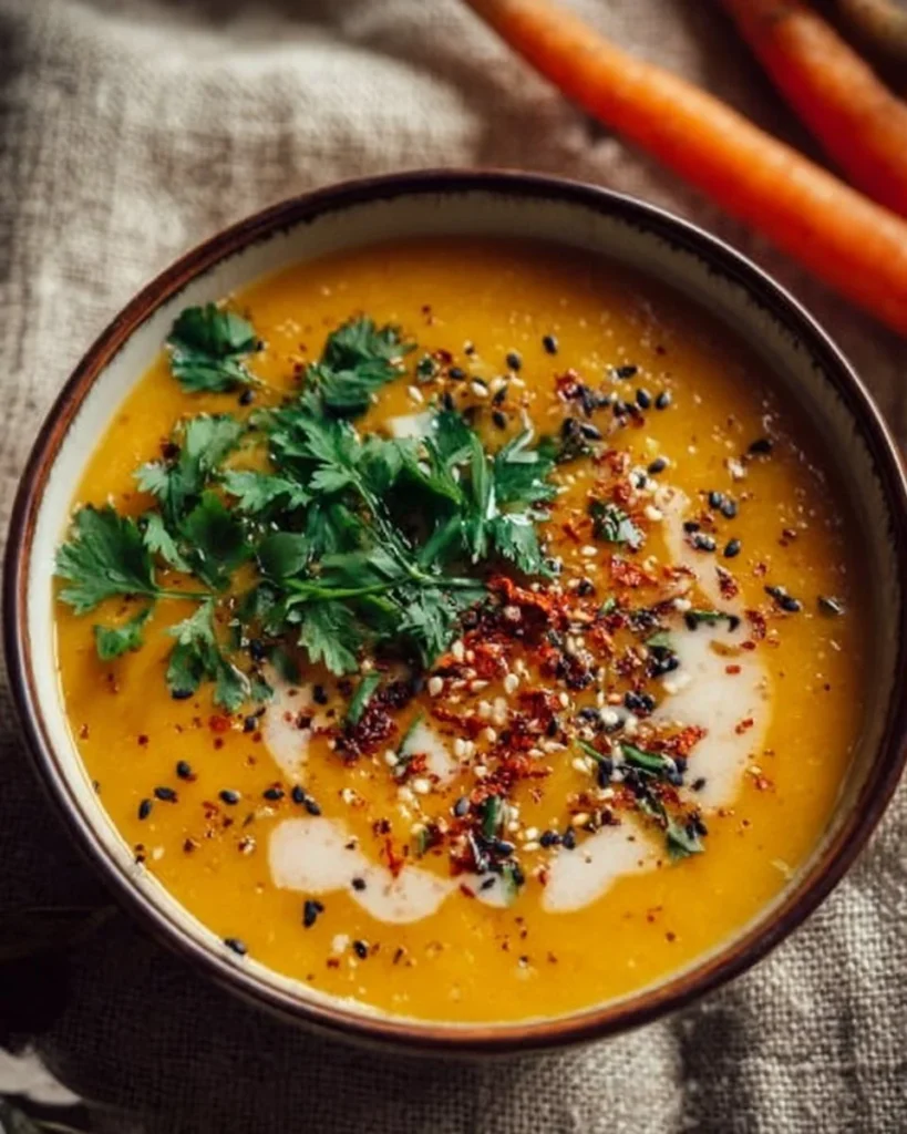 Bowl of spicy sesame carrot soup with red lentils garnished with herbs