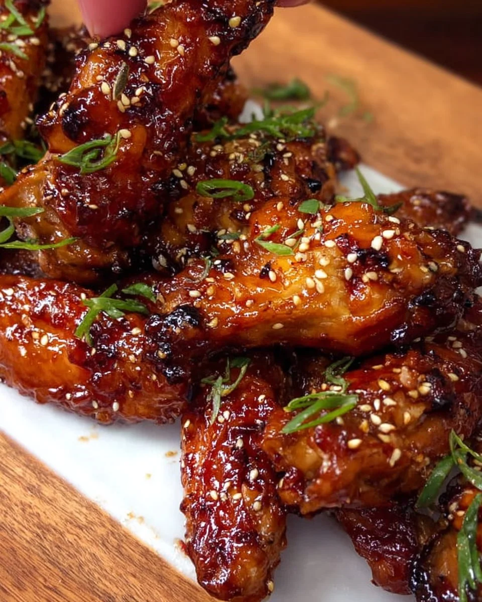 Spicy teriyaki chicken wings garnished with sesame seeds and green onions