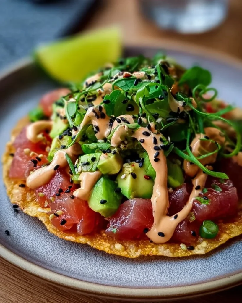 Spicy tuna tartare tostada with chipotle mayo garnished with fresh ingredients.