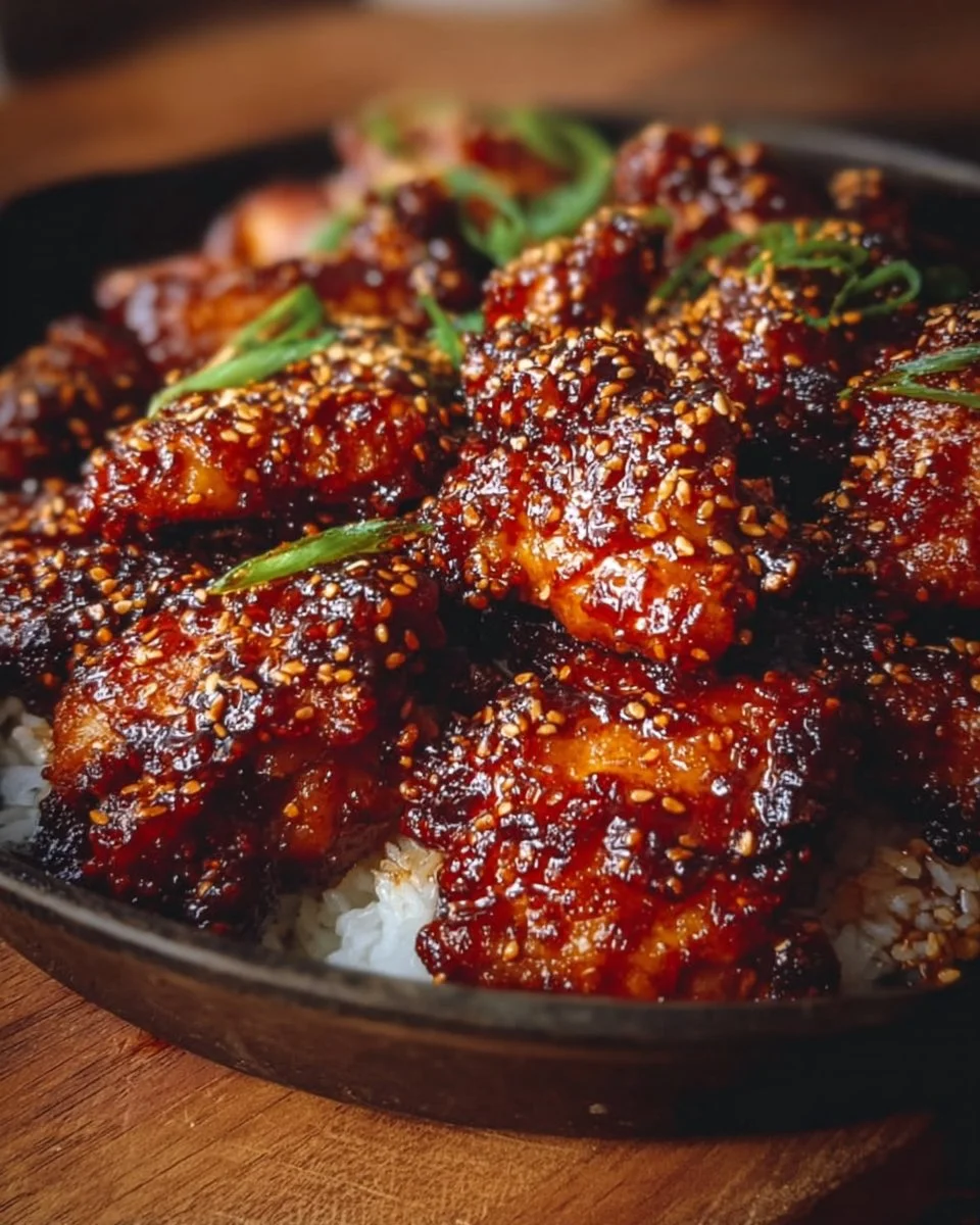 Delicious Sticky Honey Gochujang Chicken garnished with sesame seeds
