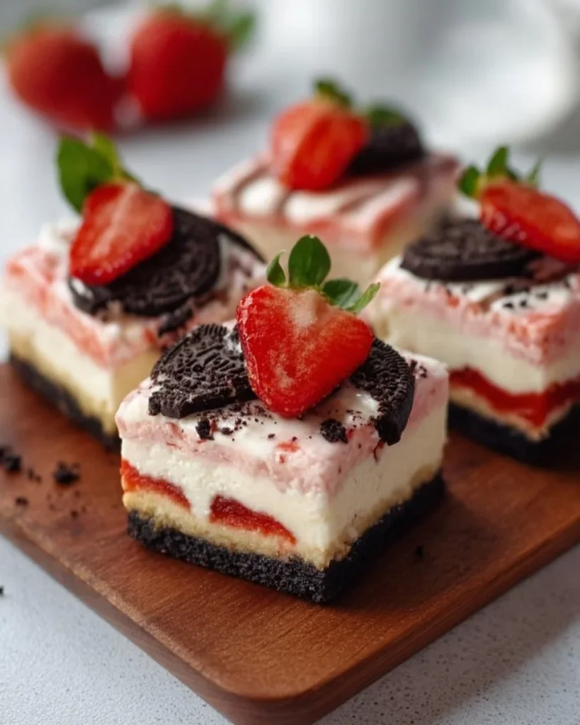 Delicious Strawberry Oreo Cheesecake Bars with fresh strawberries and Oreo crust