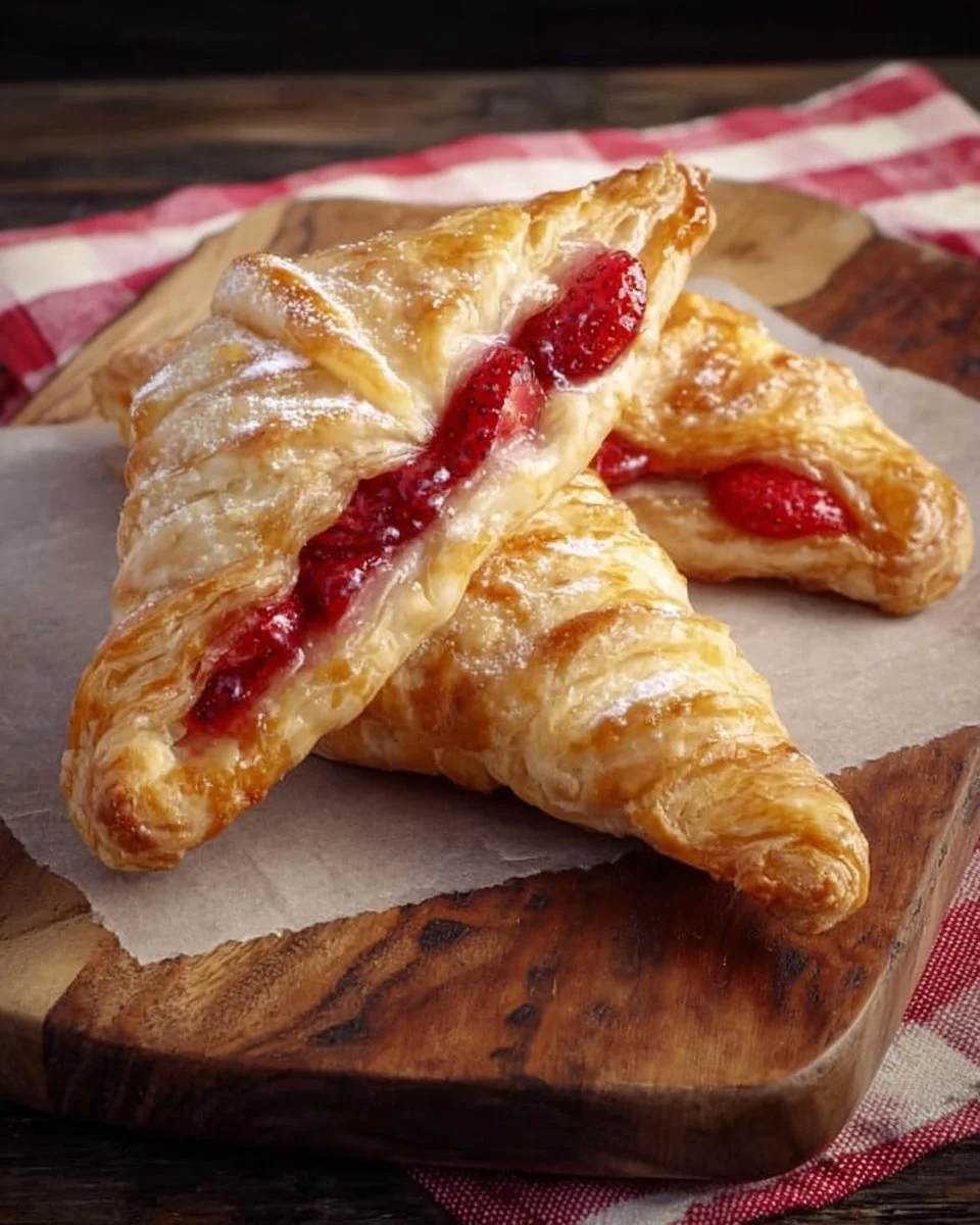 Freshly baked strawberry turnovers with flaky pastry and strawberry filling