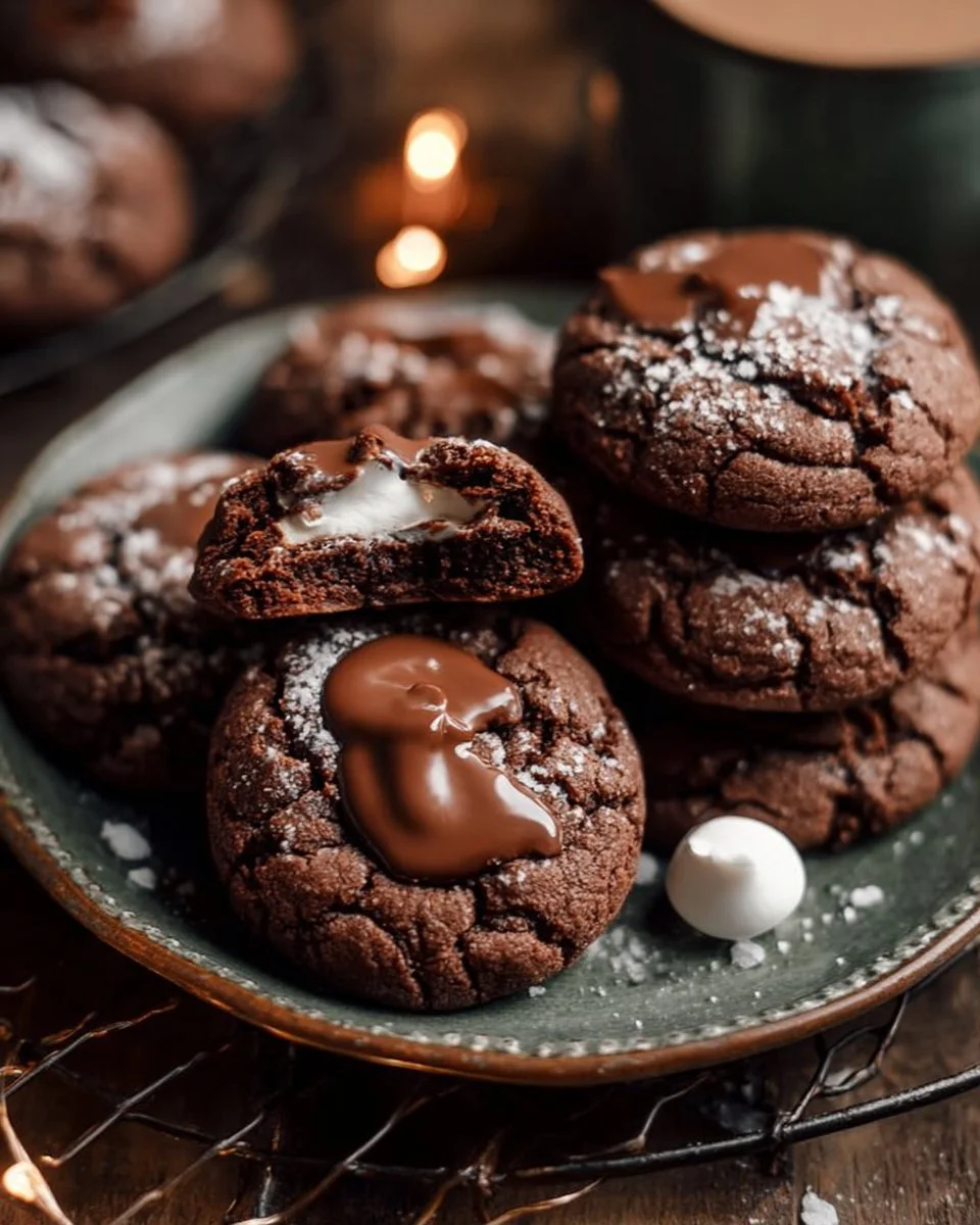 Delicious Surprise Hot Cocoa Cookies with melted marshmallows on top