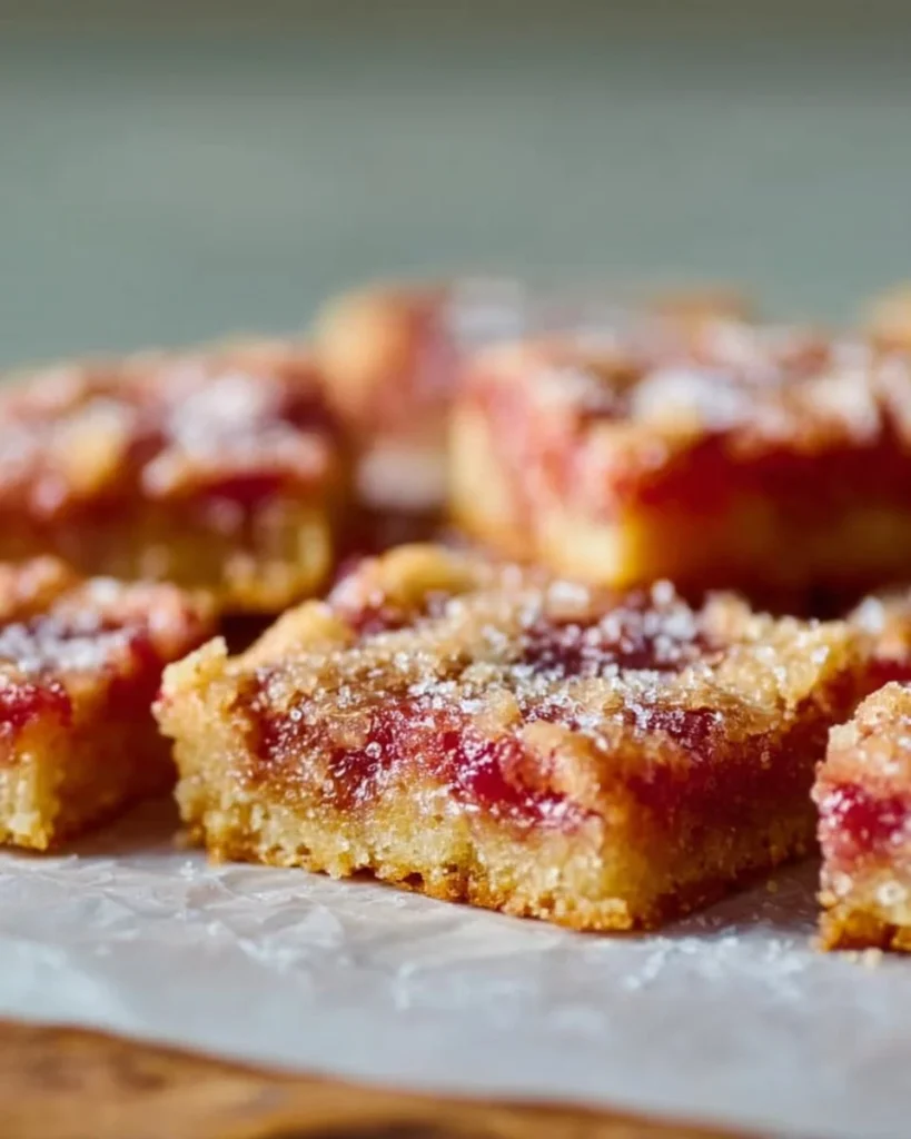 Delicious sweet and tart rhubarb dream bars on a plate