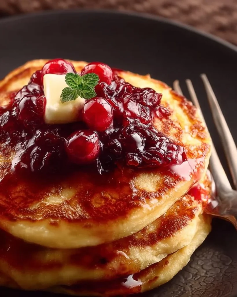 Fluffy cranberry sauce pancakes stacked on a plate with syrup