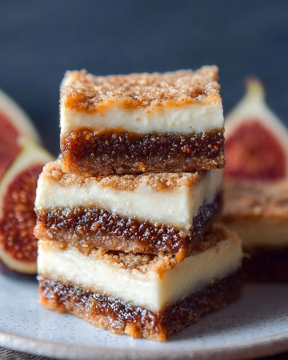 Delicious fig cream cheese bars on a plate, garnished with fresh figs.