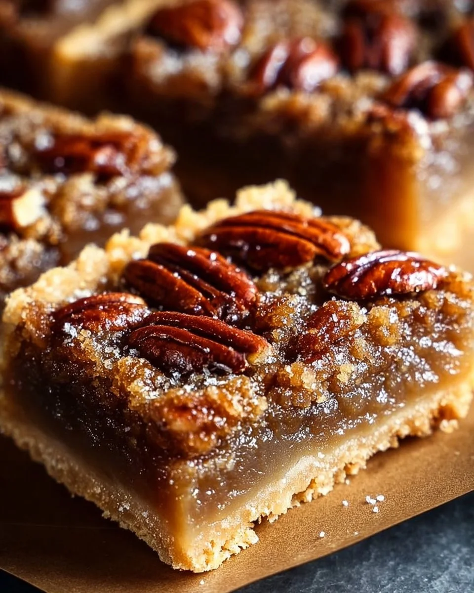 Delicious pecan pie bars with a flaky pie crust ready to serve.