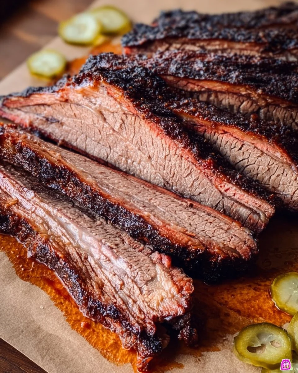 A succulent slice of Texas style smoked beef brisket on a cutting board.