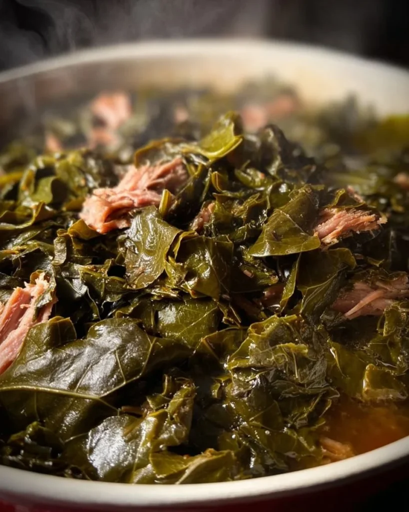 Plate of tender collard greens with smoked turkey, showcasing a flavorful Southern dish.