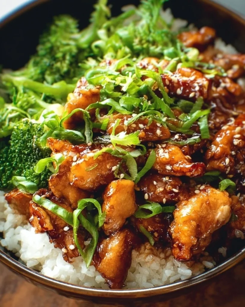 Delicious teriyaki chicken rice bowl garnished with green onions and sesame seeds.
