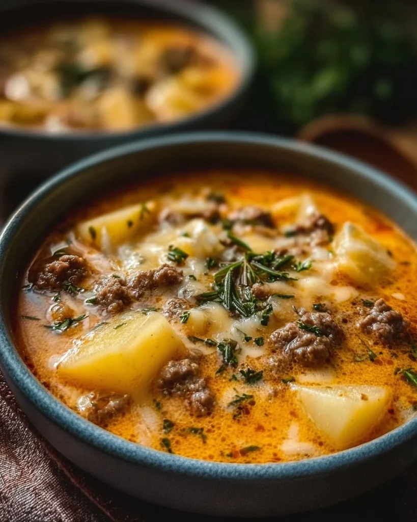 Delicious bowl of cheeseburger soup topped with cheddar and green onions