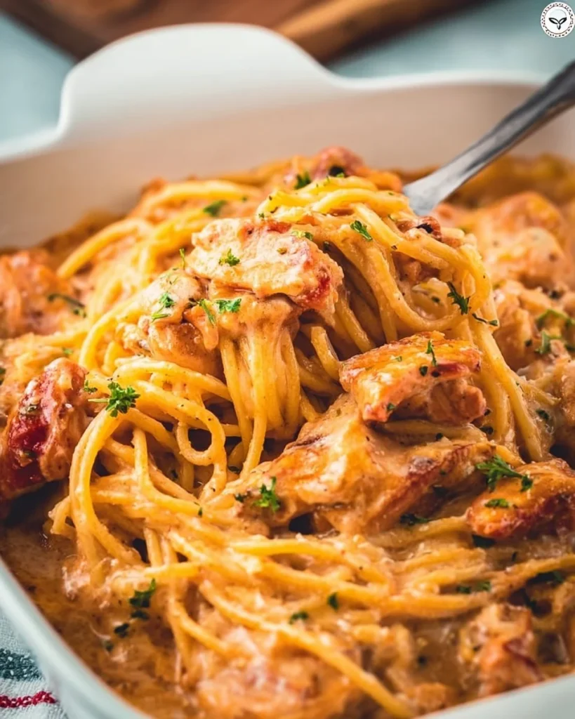 Delicious plate of chicken spaghetti with herbs and cheese