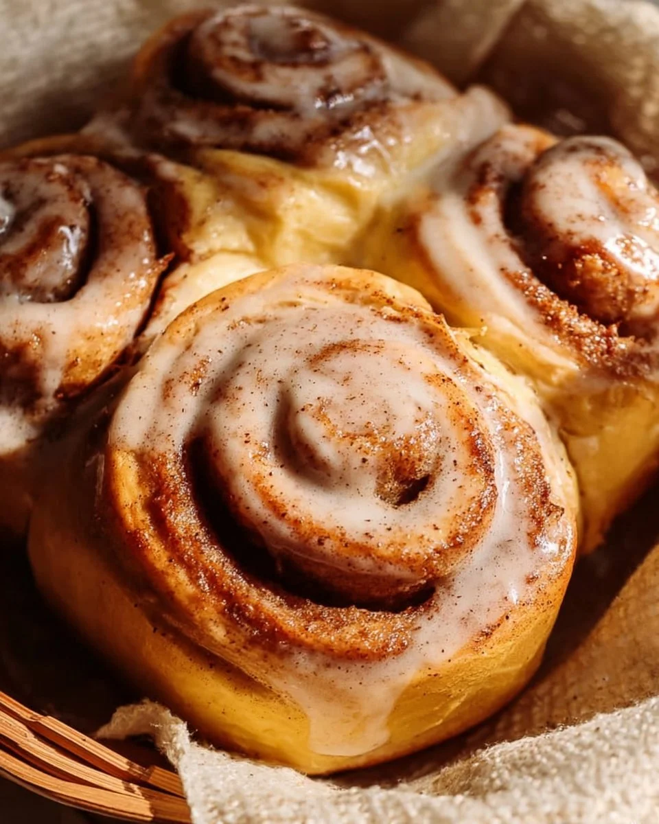 Fluffy homemade cinnamon rolls drizzled with icing on a wooden table