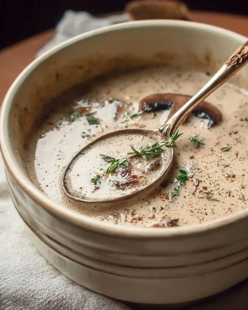 Homemade cream of mushroom soup in a bowl with fresh herbs