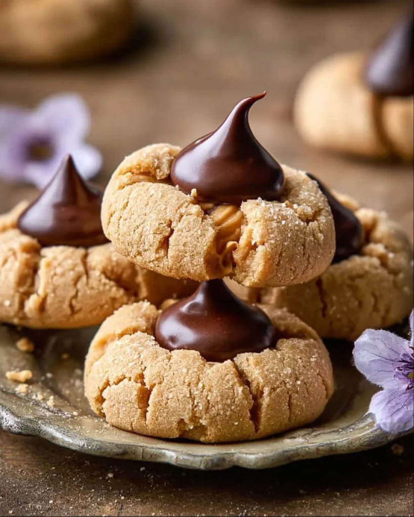 Freshly baked peanut butter blossom cookies with chocolate kisses on top