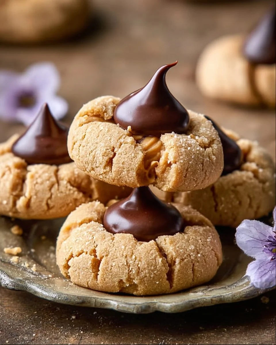 Freshly baked peanut butter blossom cookies with chocolate kisses on top