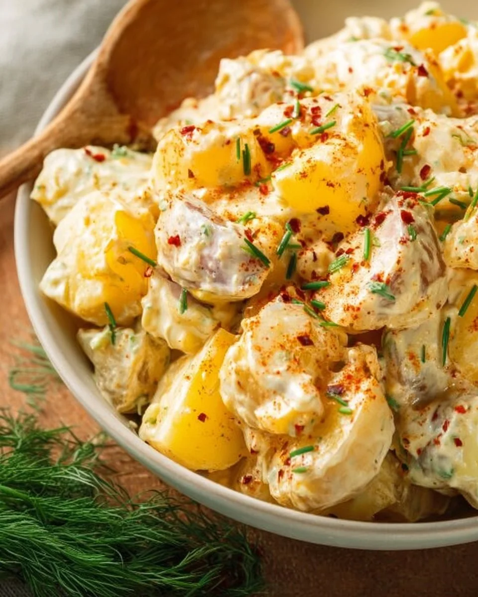 Delicious Southern potato salad served in a bowl with fresh ingredients