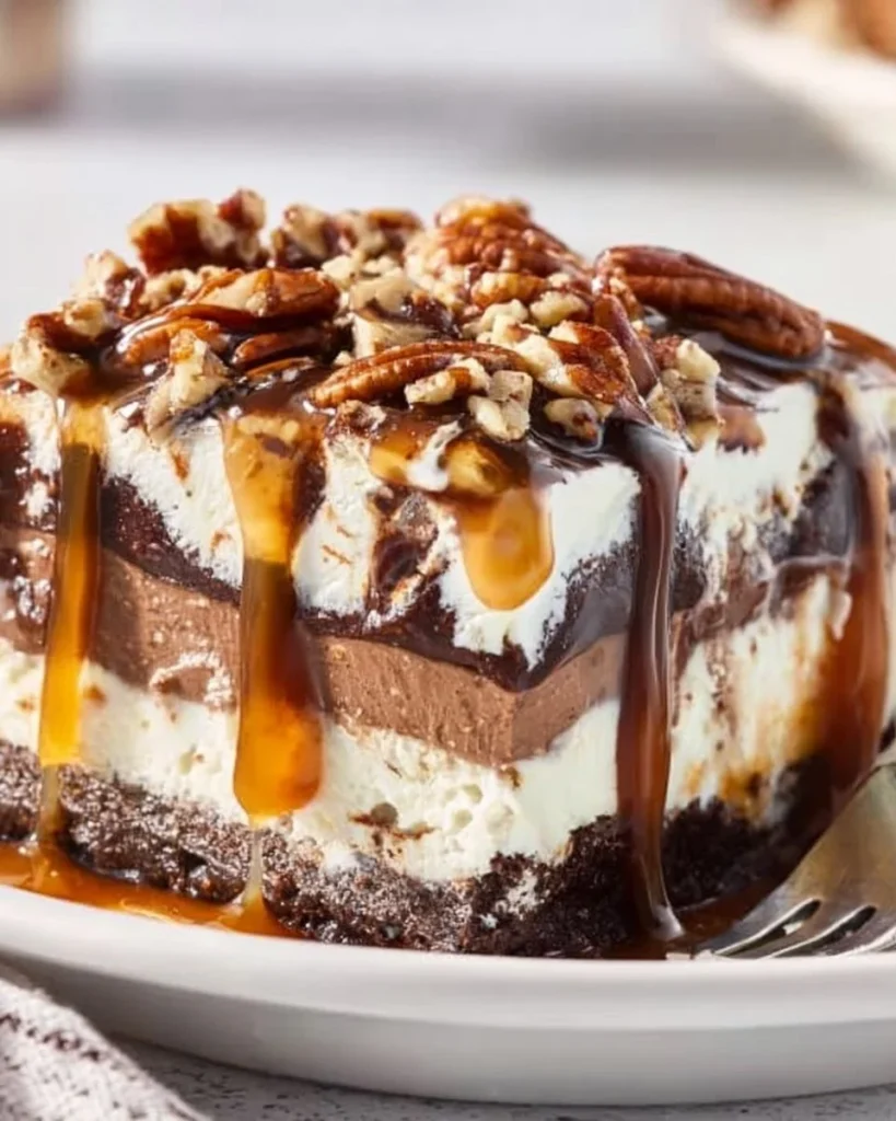 A delicious serving of Turtle Lush dessert with layers of creamy goodness.