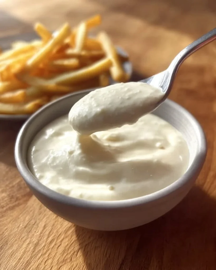 Delicious homemade garlic aioli in a bowl with fresh ingredients.
