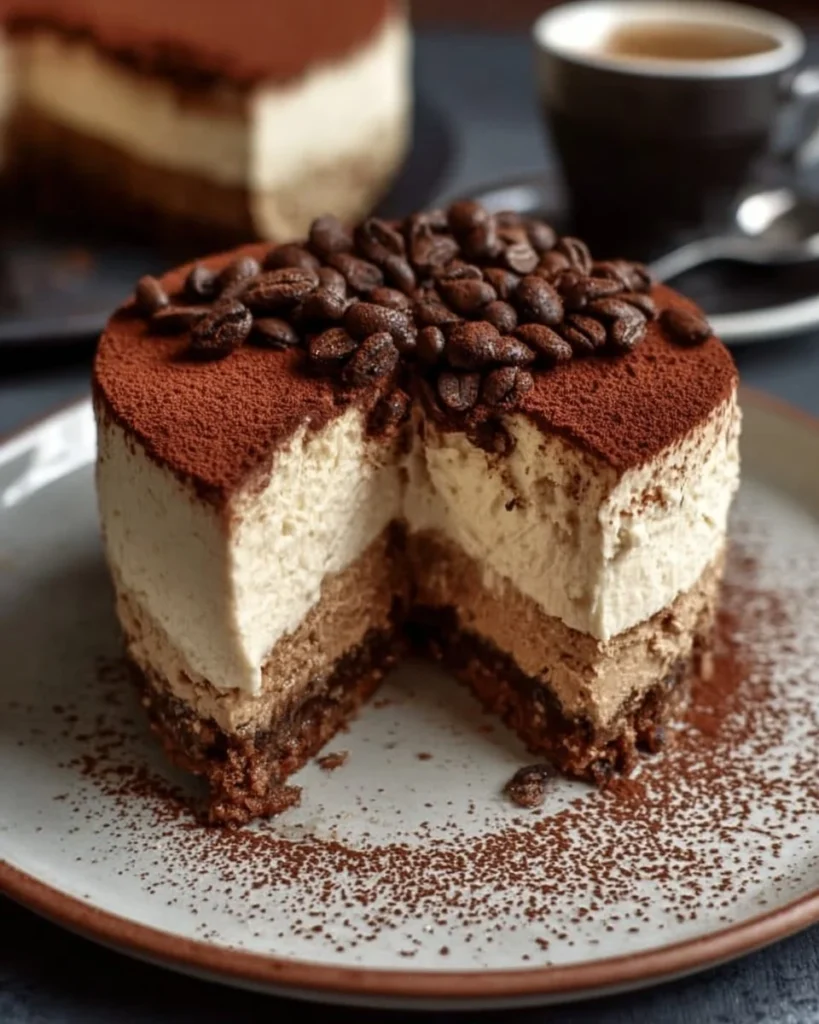 Delicious tiramisu cheesecake with cold brew coffee topping.