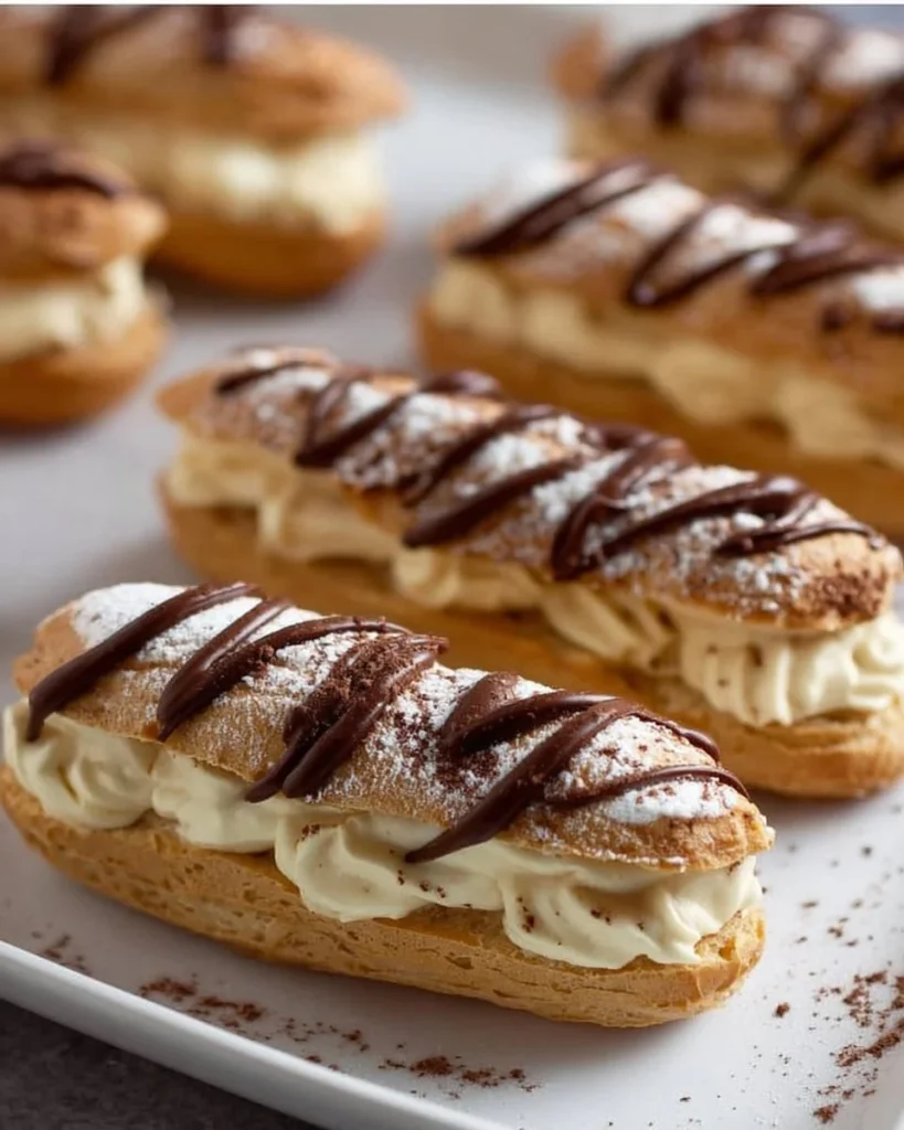 Delicious tiramisu eclairs filled with coffee cream and topped with cocoa powder