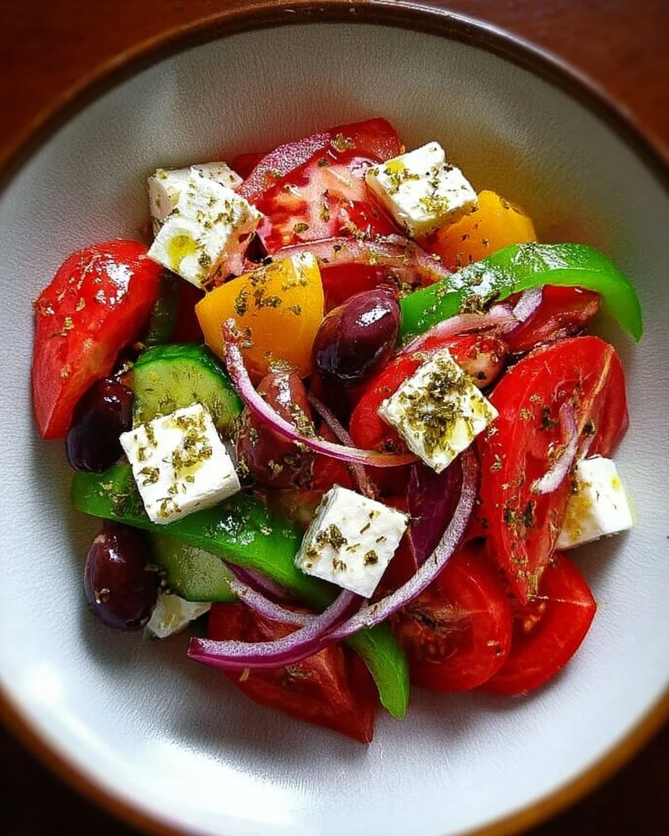 Traditional fresh Greek salad with cucumbers, tomatoes, olives, and feta cheese