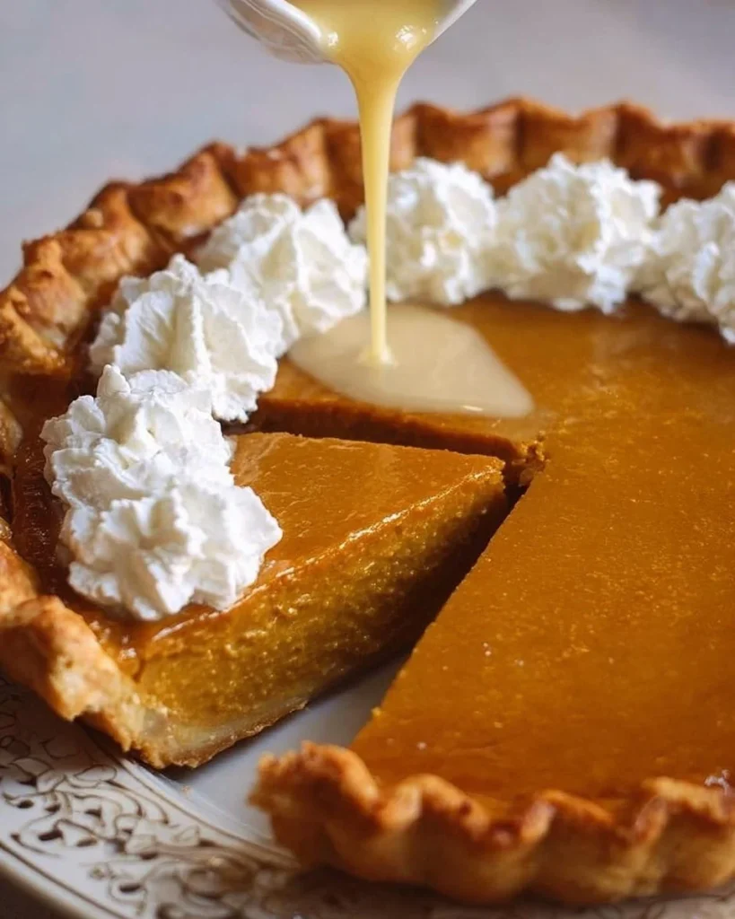 Traditional pumpkin pie made with sweetened condensed milk, served on a table.