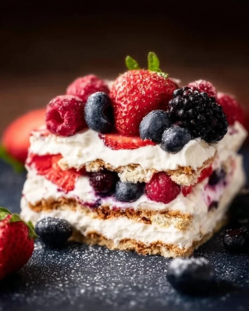 Delicious Triple Berry Icebox Cake with layers of berries and cream