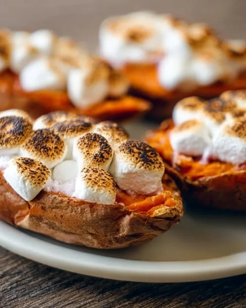 Twice-baked sweet potatoes topped with marshmallows served on a plate