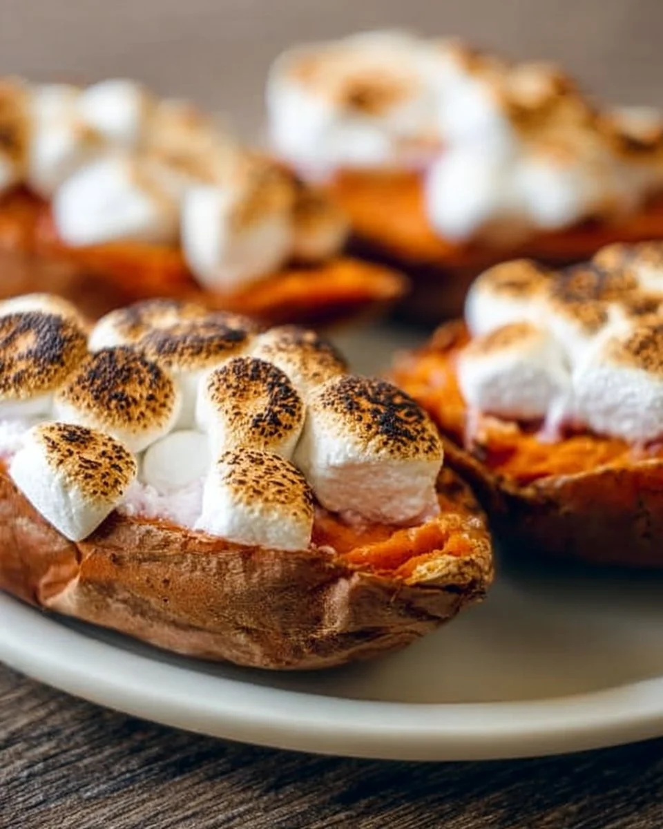 Twice-baked sweet potatoes topped with marshmallows served on a plate