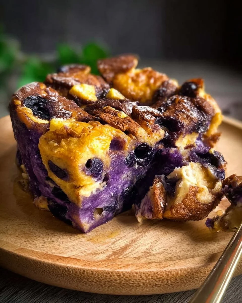 Delicious Ube Bread Pudding topped with a creamy coconut glaze