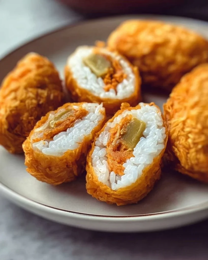Plate of Vegan Inari Sushi with sweet tofu pockets and colorful toppings.