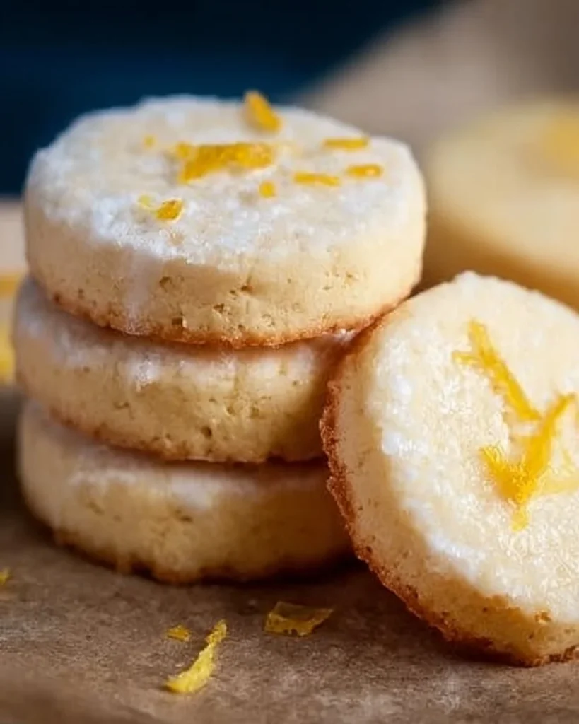 Zesty lemon shortbread cookies arranged on a plate