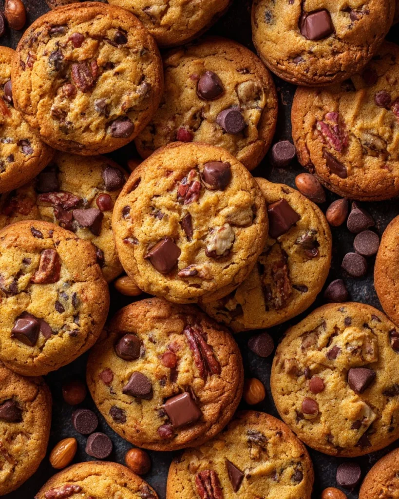 Baking 10-cup cookies with chocolate chips and nuts on a kitchen counter