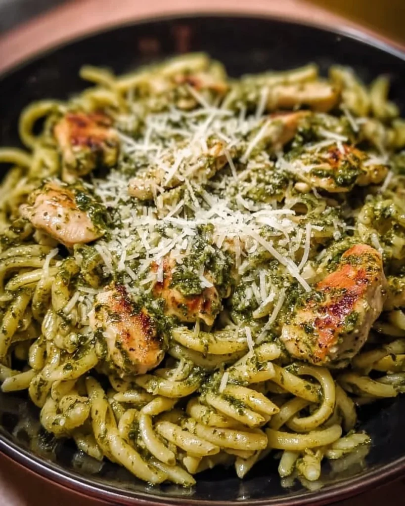 35-minute pesto chicken pasta with fresh ingredients and vibrant colors