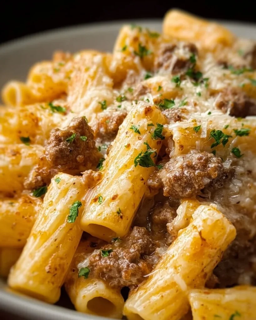 Delicious plate of Alfredo Rigatoni with seasoned ground beef and creamy sauce