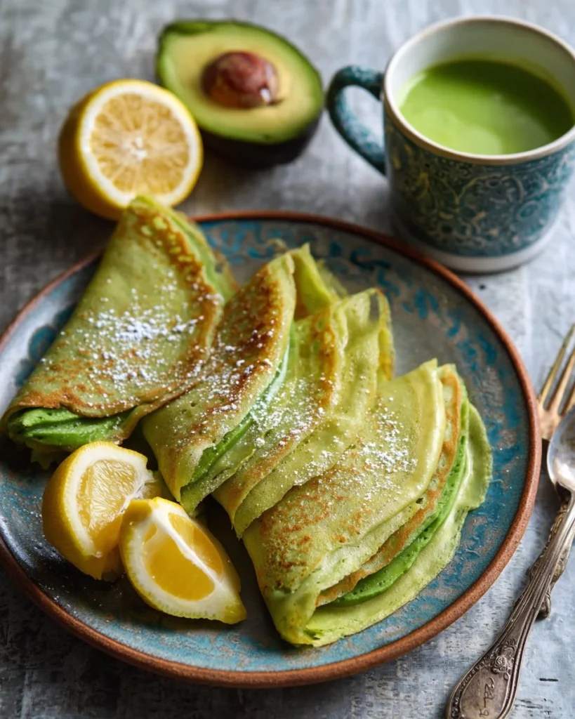 Avocado crepes topped with lemon tahini sauce on a plate