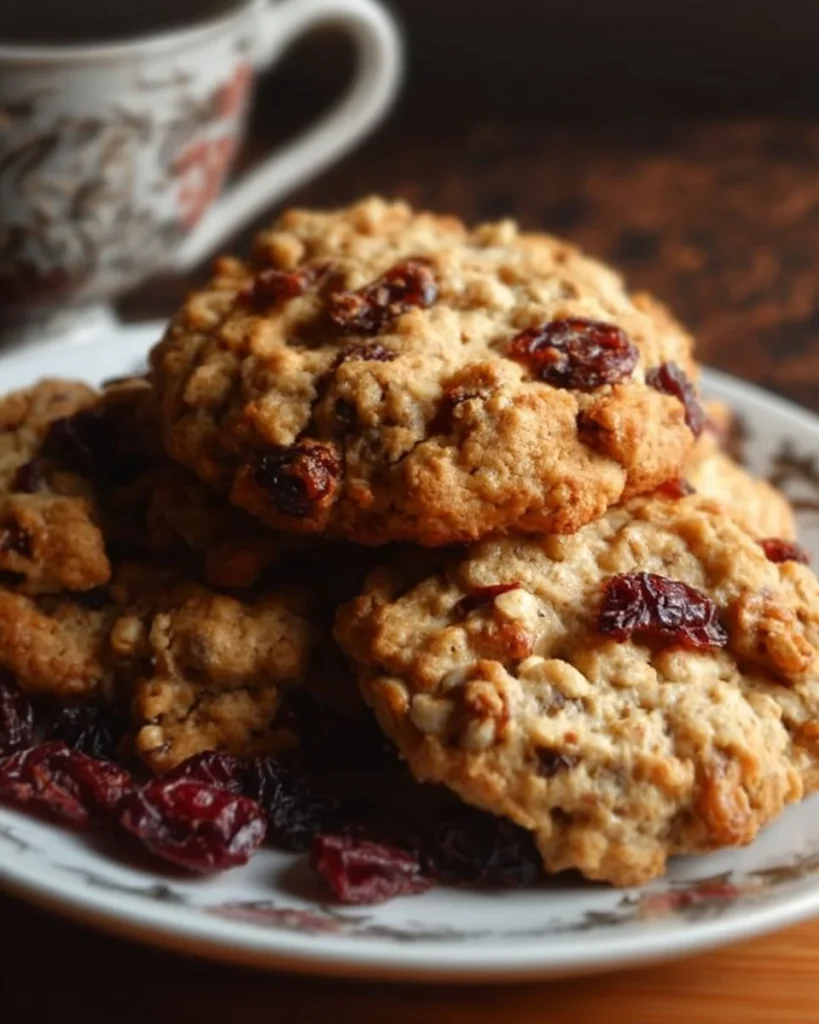 Bakery-style cranberry walnut oatmeal cookies on a wooden tray